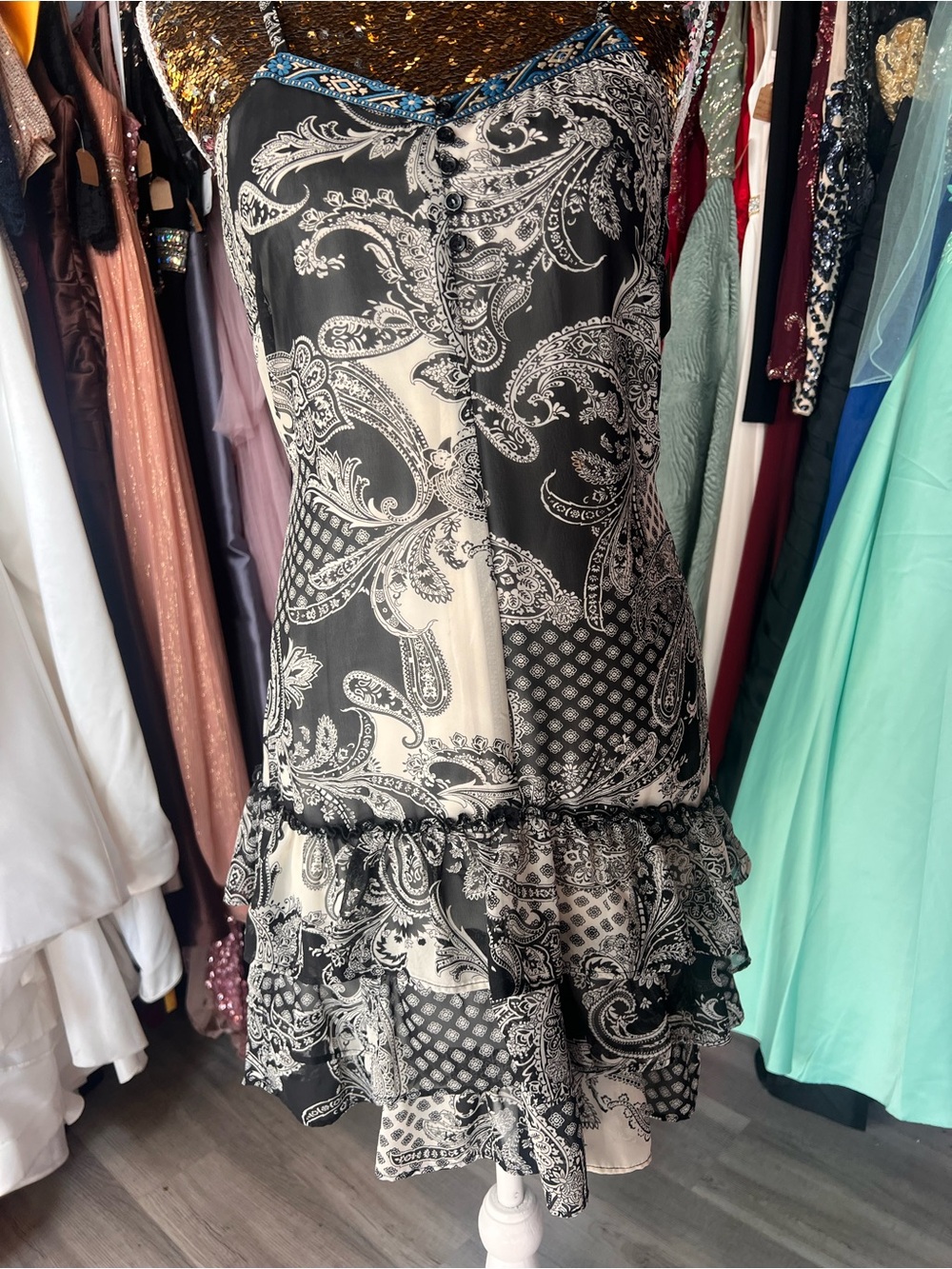 Xhilaration Black & Cream Paisley Ruffle Slip Dress